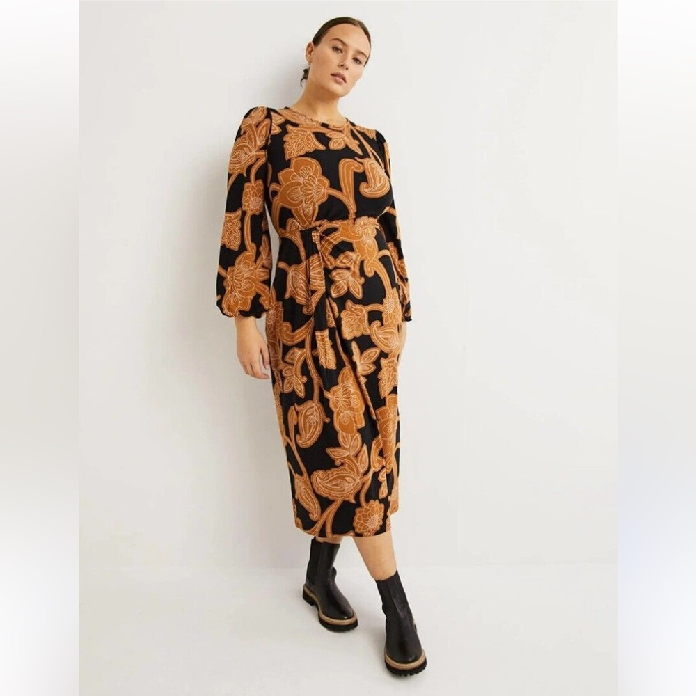 Boden Dress Womens Size 8 P USA Brown Black Stretch Paisley Floral Faux Wrap